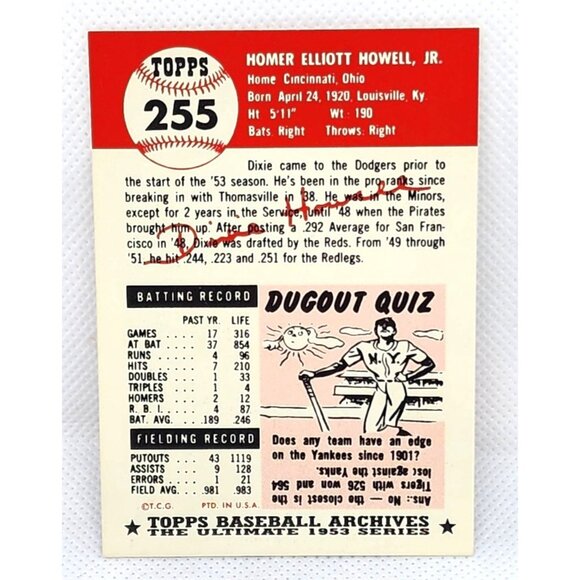 Dixie Howell Brooklyn Dodgers #255 1953 Topps Baseball Card - Vintage - Picture 2 of 5